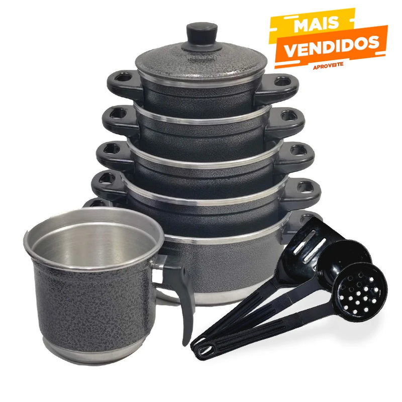 Conjunto de 9 peças de utensílios de cozinha pretos rachados para ferver e talheres