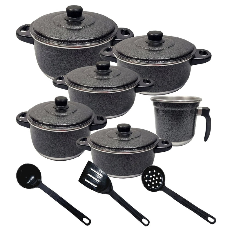 Conjunto de 9 peças de utensílios de cozinha pretos rachados para ferver e talheres