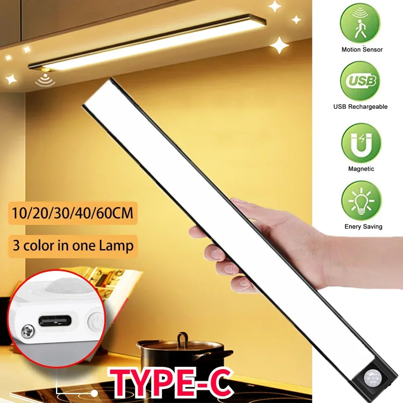 Luz noturna LED com sensor de movimento, sem fio, USB, para armário, luz noturna, guarda-roupa, lâmpada para cozinha, armário, quarto, guarda-roupa, 20/30/40/60 cm