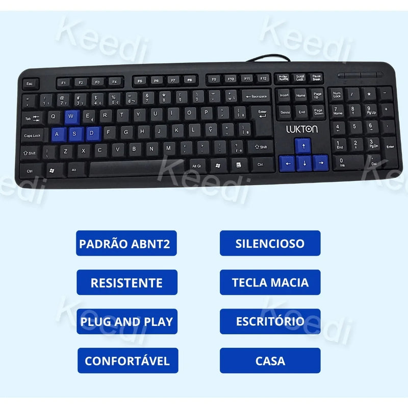 Teclado USB PADRÃO ABNT2 com fio 2.4ghz, confortável awsd