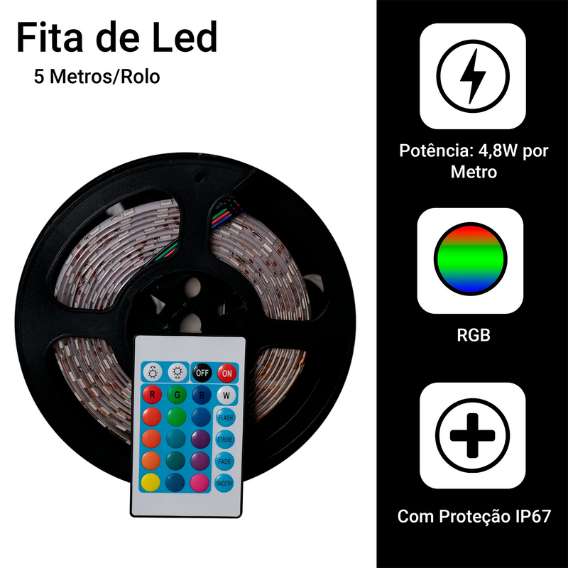 Fita Led Rgb 5050 Rolo 5metros Ip65 + Controle + Fonte 12v Bivolt